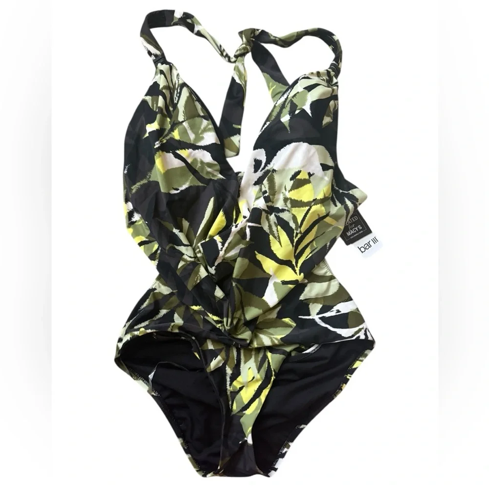 Bar III Black and Green Tropical Print One-Piece Swimsuit